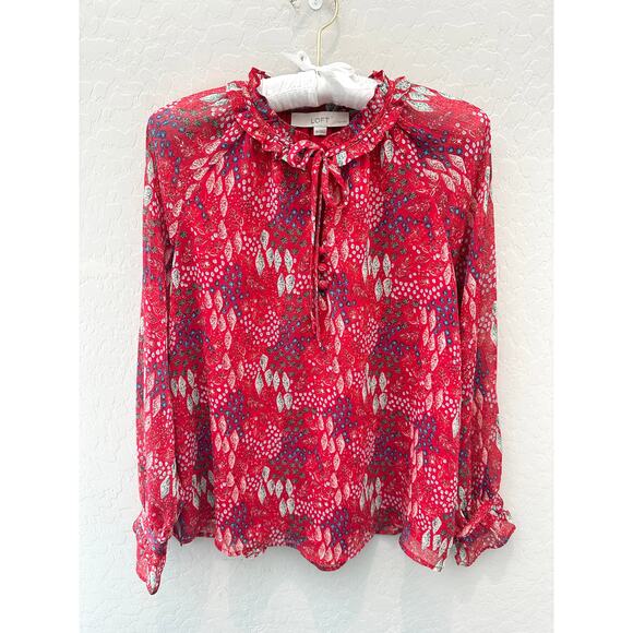 LOFT | Petite Red Garden Floral Ruffle Semi Sheer Long Sleeve Blouse | Small - Picture 1 of 7